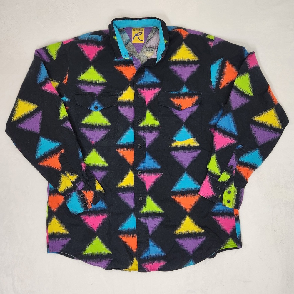Roper Mens Western Button Down Shirt Neon Geometric Triangle Black Long Sleeve